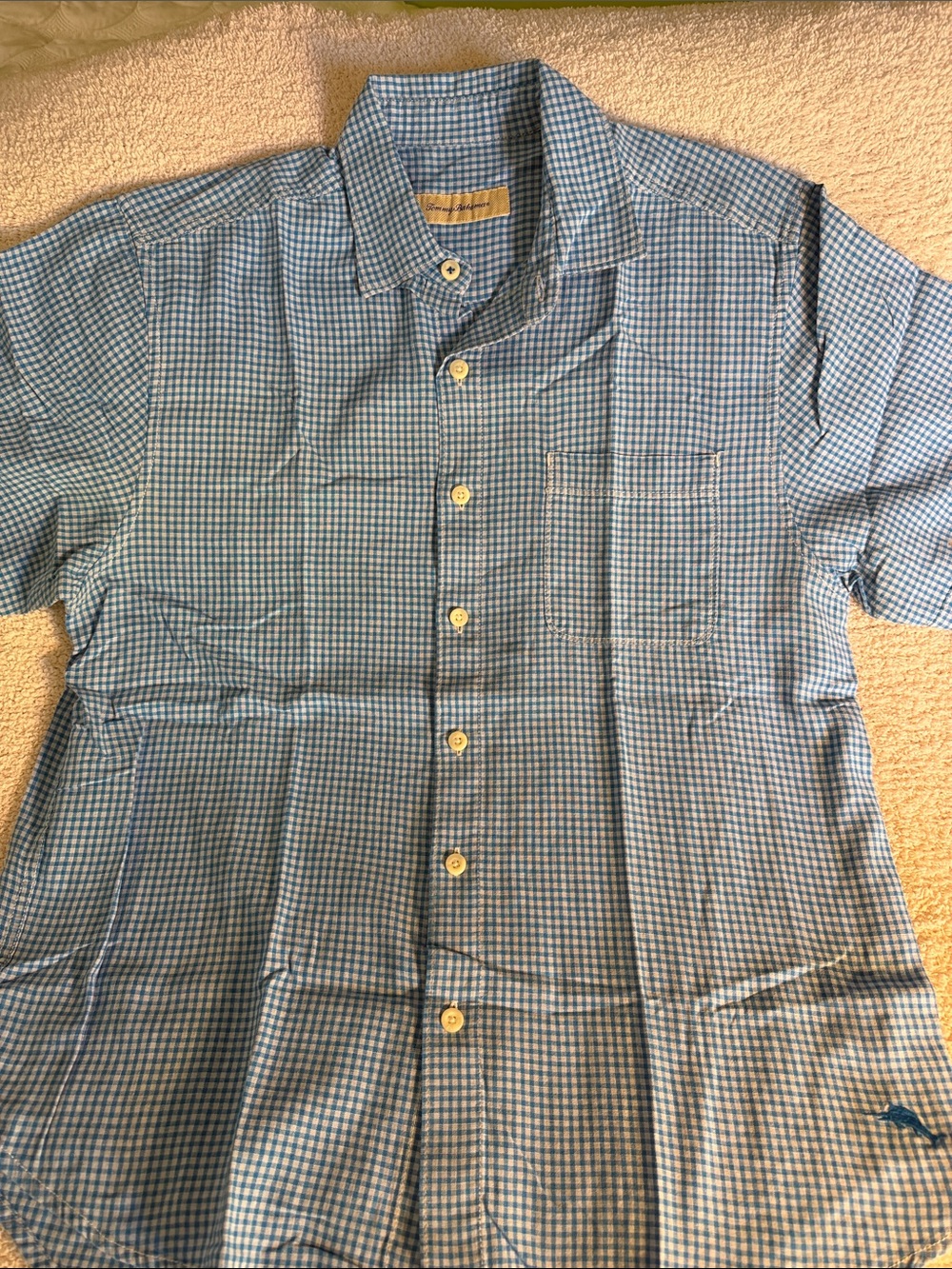 Tommy Bahama Blue Gingham Short-Sleeve Button-Down linen/cotton Shirt